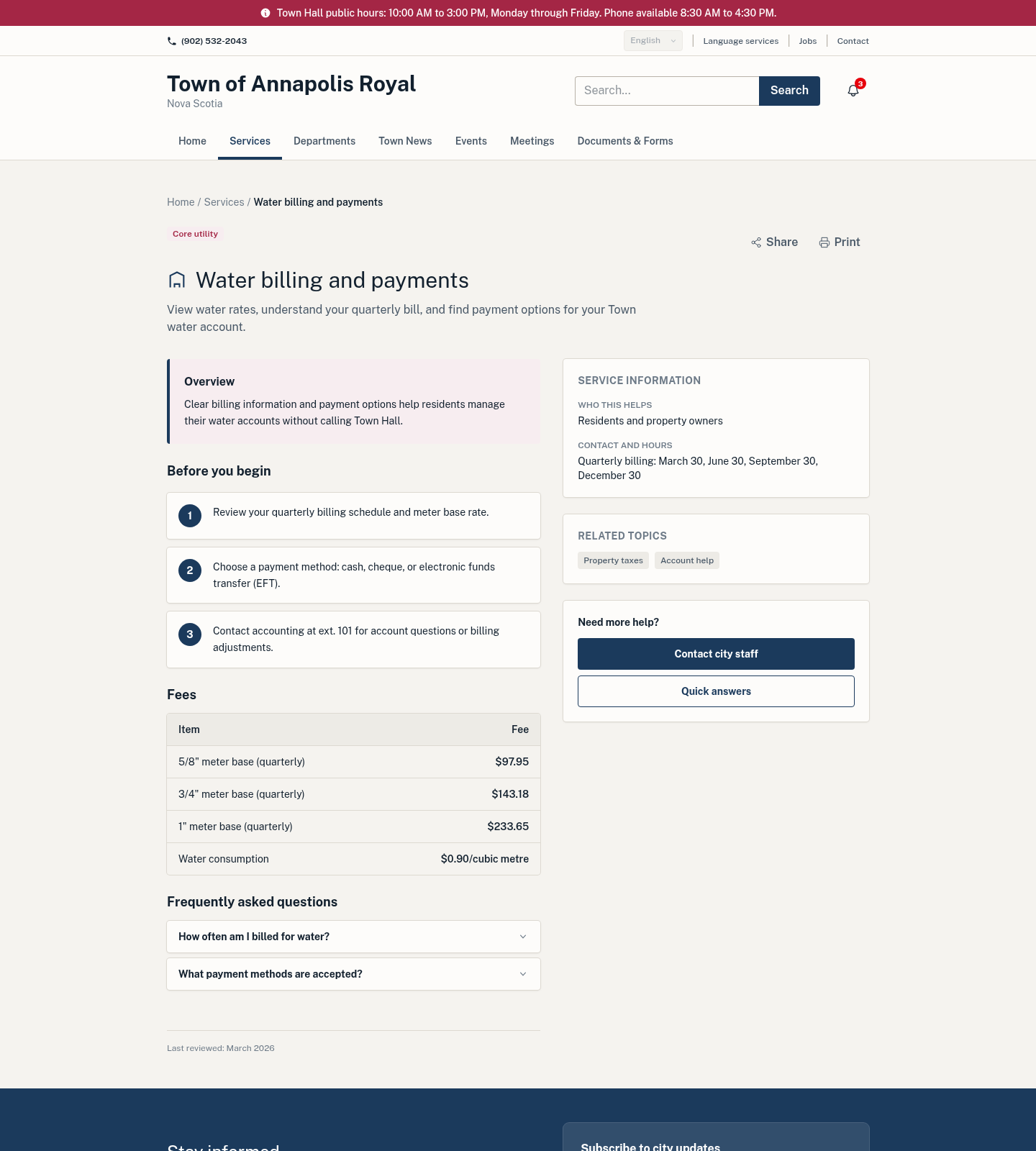 Annapolis Royal Water Billing service detail page